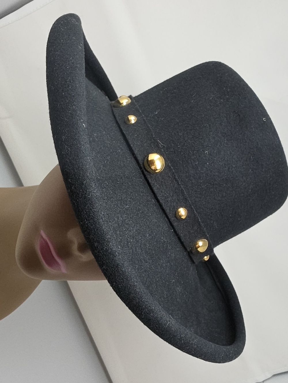 Black Wool Felt Wide-Brim Hat with Gold Stud Trim